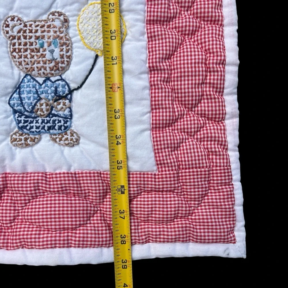 VTG 1970s Handmade Cross Stitch Teddy Bear Red Gingham Baby Crib Quilt 31x39